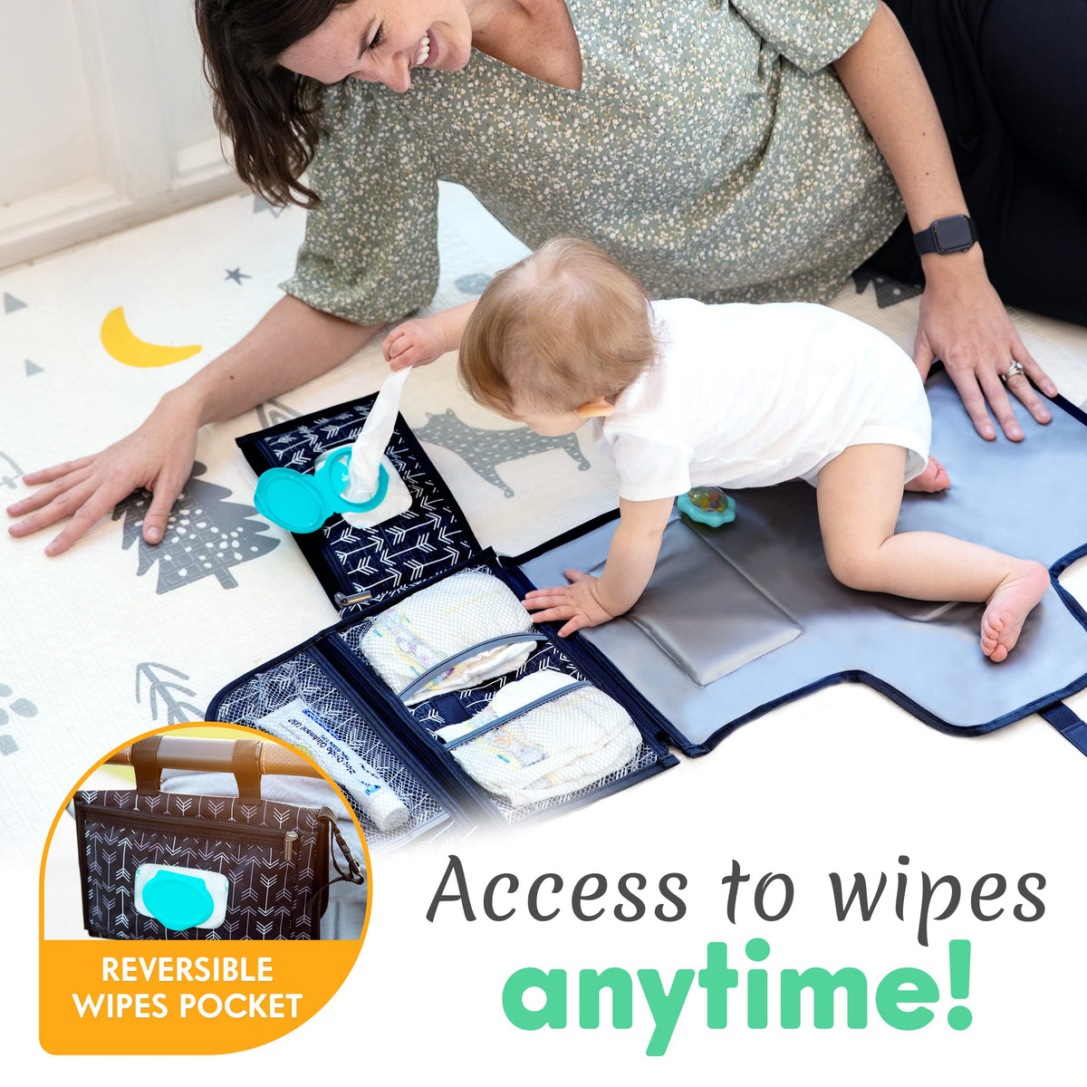 Kopi Baby Portable Diaper Changing Pad, Wipes Pocket, Classic Black Arrows