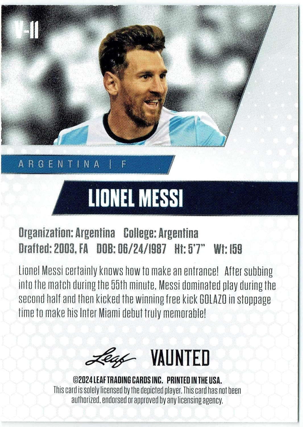 Mint Lionel Messi 2024 Leaf Vaunted #11V Debut Collection Rare Trading Card