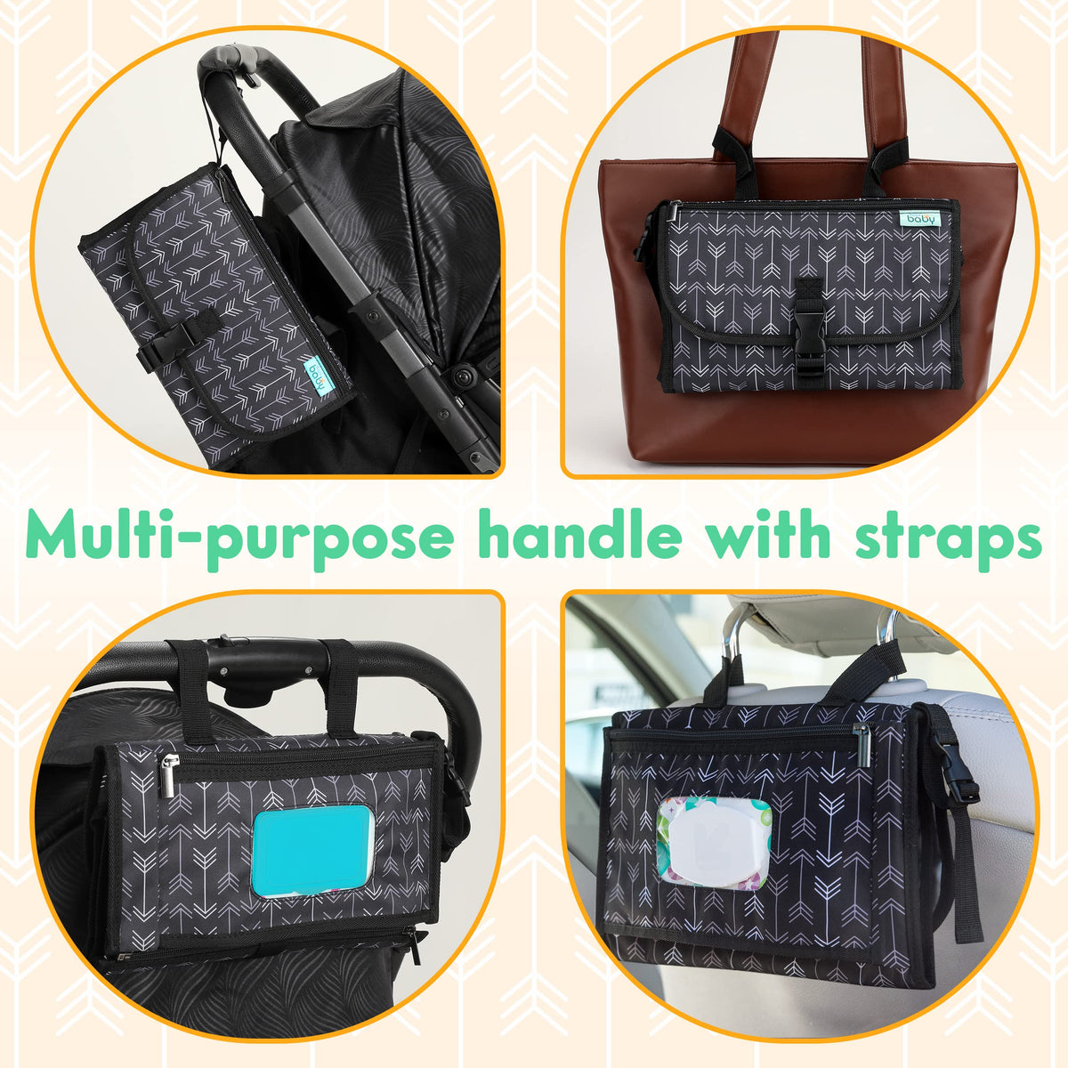 Kopi Baby Portable Diaper Changing Pad, Wipes Pocket, Classic Black Arrows
