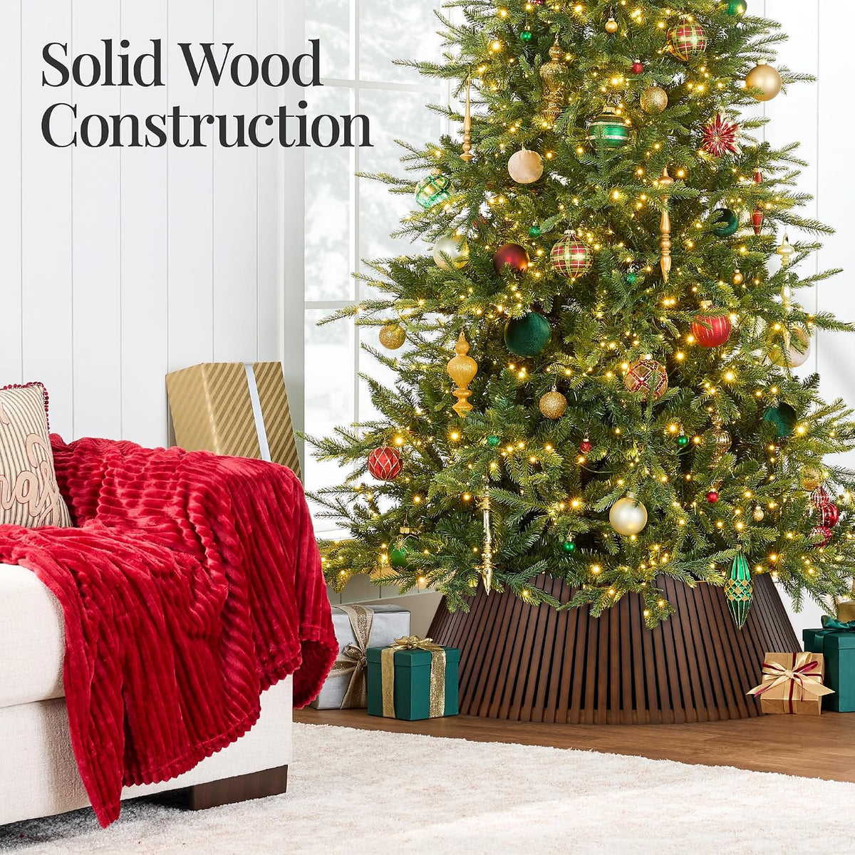 Best Choice Products 36in Christmas Tree Collar, Solid Wood Slatted Tree Skirt Holiday Accessory for Home - Walnut