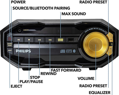 PHILIPS FX10 Bluetooth Stereo System for Home with CD Player , MP3, USB, FM Radio, Bass Reflex Speaker, 230 W, Remote Control Included