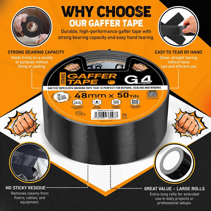 G4GADGET Gaffer Tape Black - 48mm x 45m (1 Roll) - Heavy Duty Duct Tape, Waterproof Adhesive Cloth Tape, Tear-Resistant and Multi-Purpose for Indoor Outdoor Use