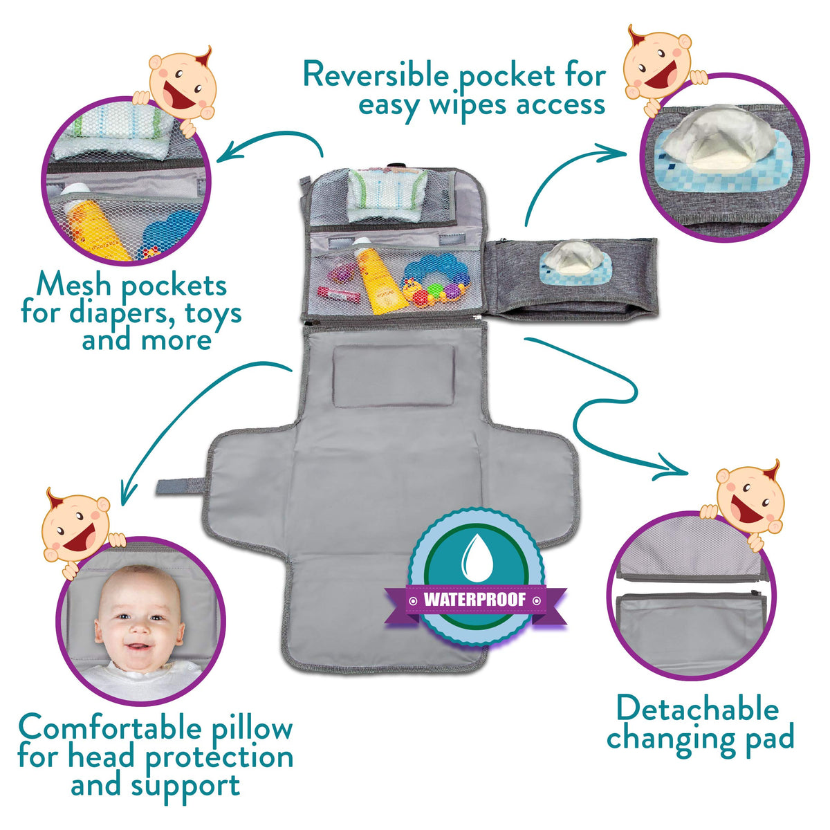 Kopi Baby Portable Diaper Changing Pad, Wipes Pocket, Classic Black Arrows