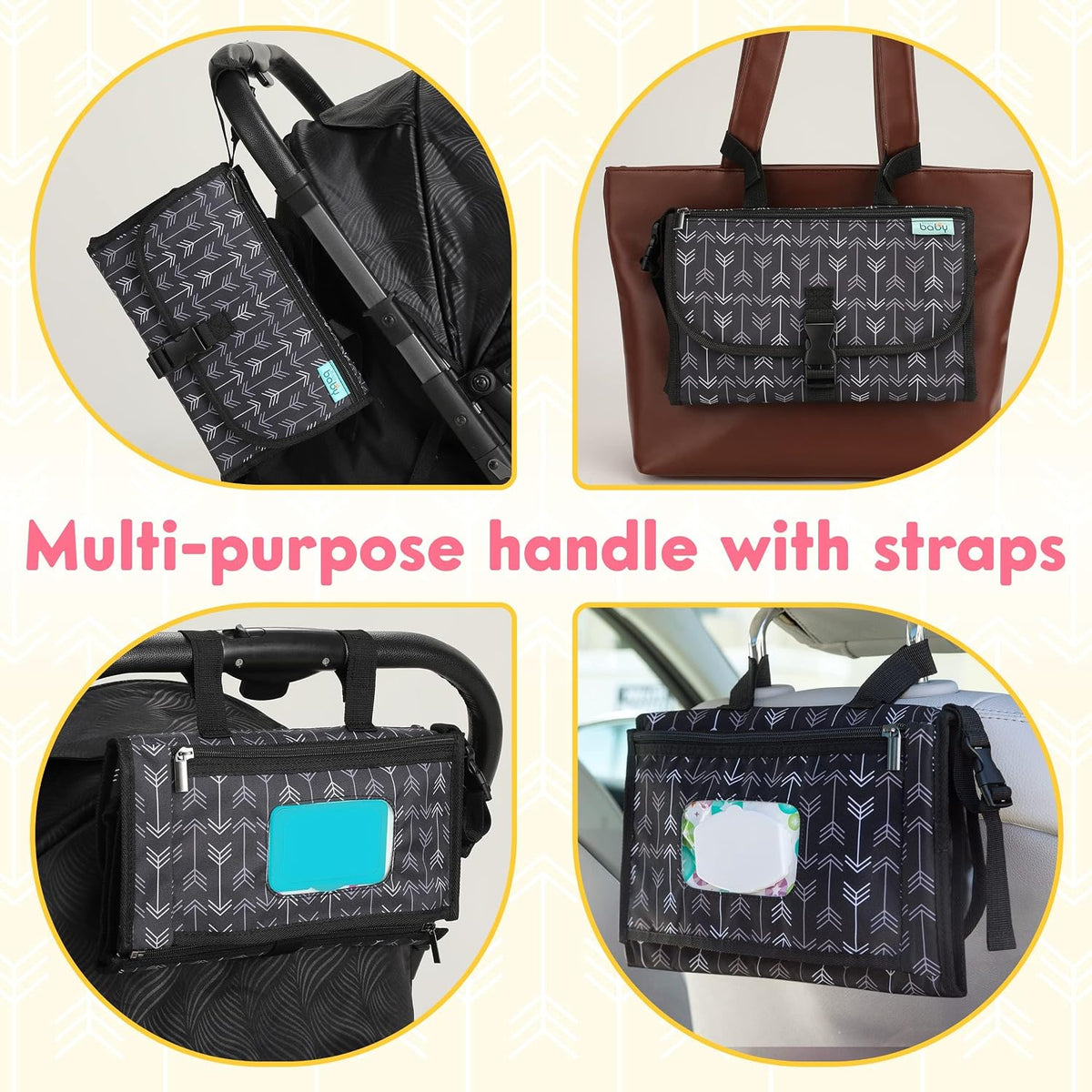 Kopi Baby Portable Diaper Changing Pad, Wipes Pocket, Classic Black Arrows