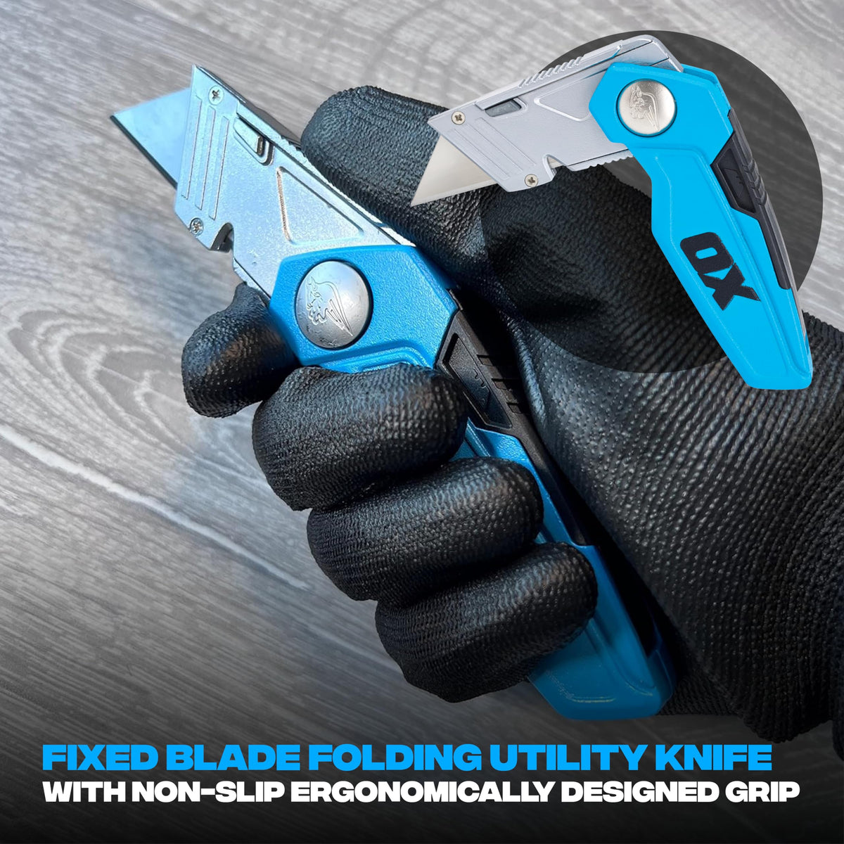 OX TOOLS P224301 Pro Heavy Duty Fixed Blade Folding Knife, Blue / Black