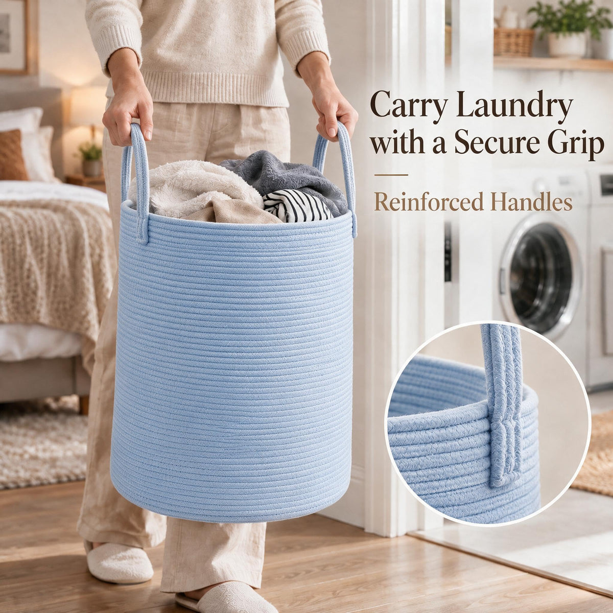 JMvicyroam 80L Nursery Hamper, Cotton Rope Laundry Basket, Brown&Black