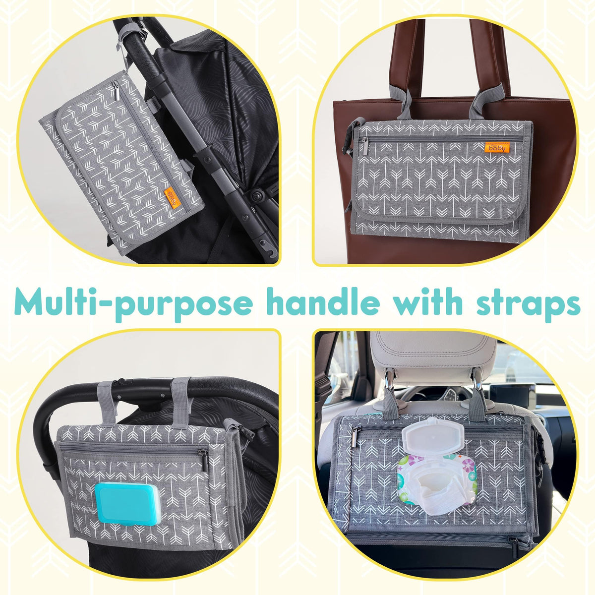 Kopi Baby Portable Diaper Changing Pad, Wipes Pocket, Classic Black Arrows