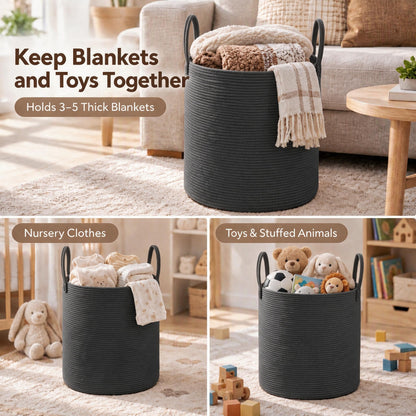 JMvicyroam 80L Nursery Hamper, Cotton Rope Laundry Basket, Brown&Black