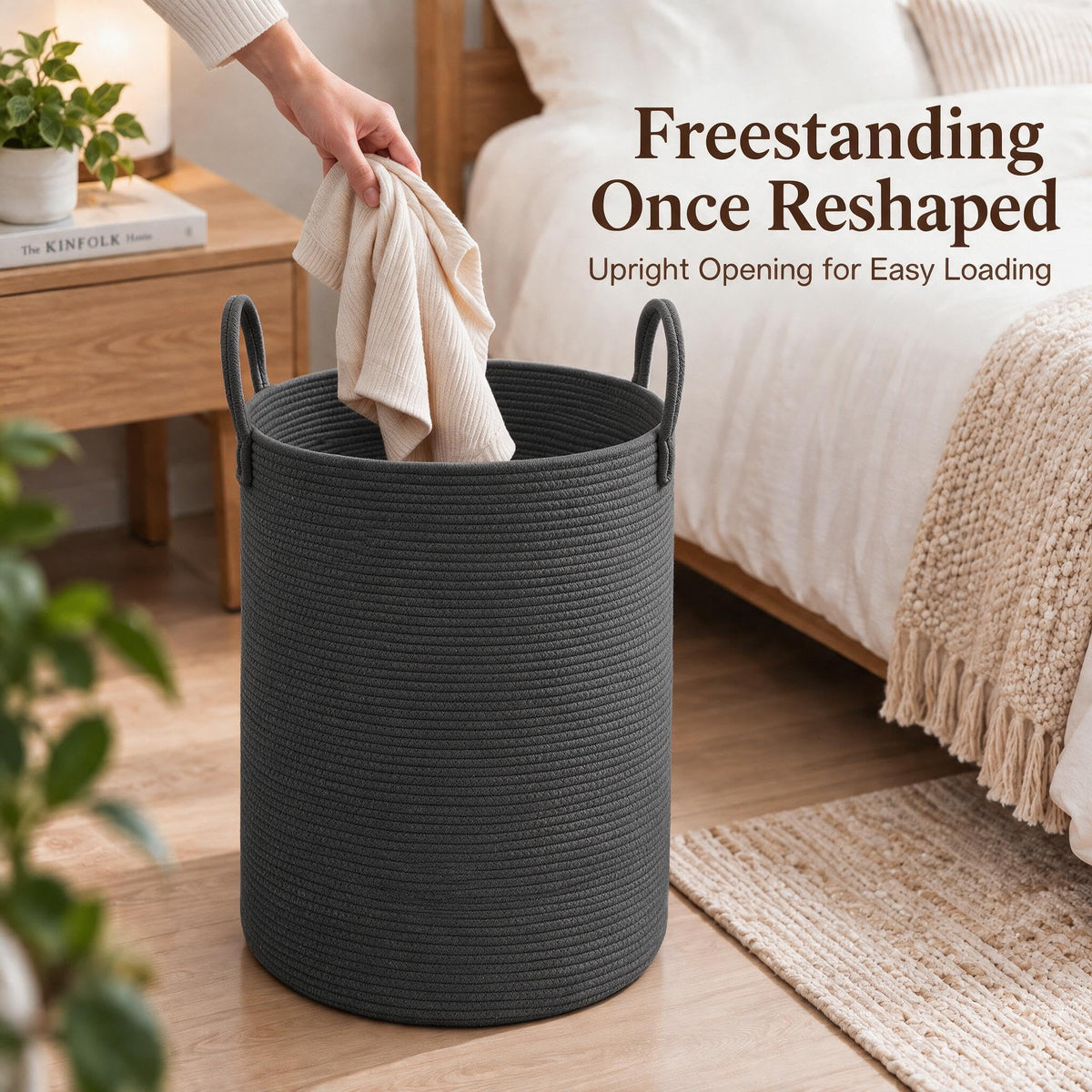 JMvicyroam 80L Nursery Hamper, Cotton Rope Laundry Basket, Brown&Black