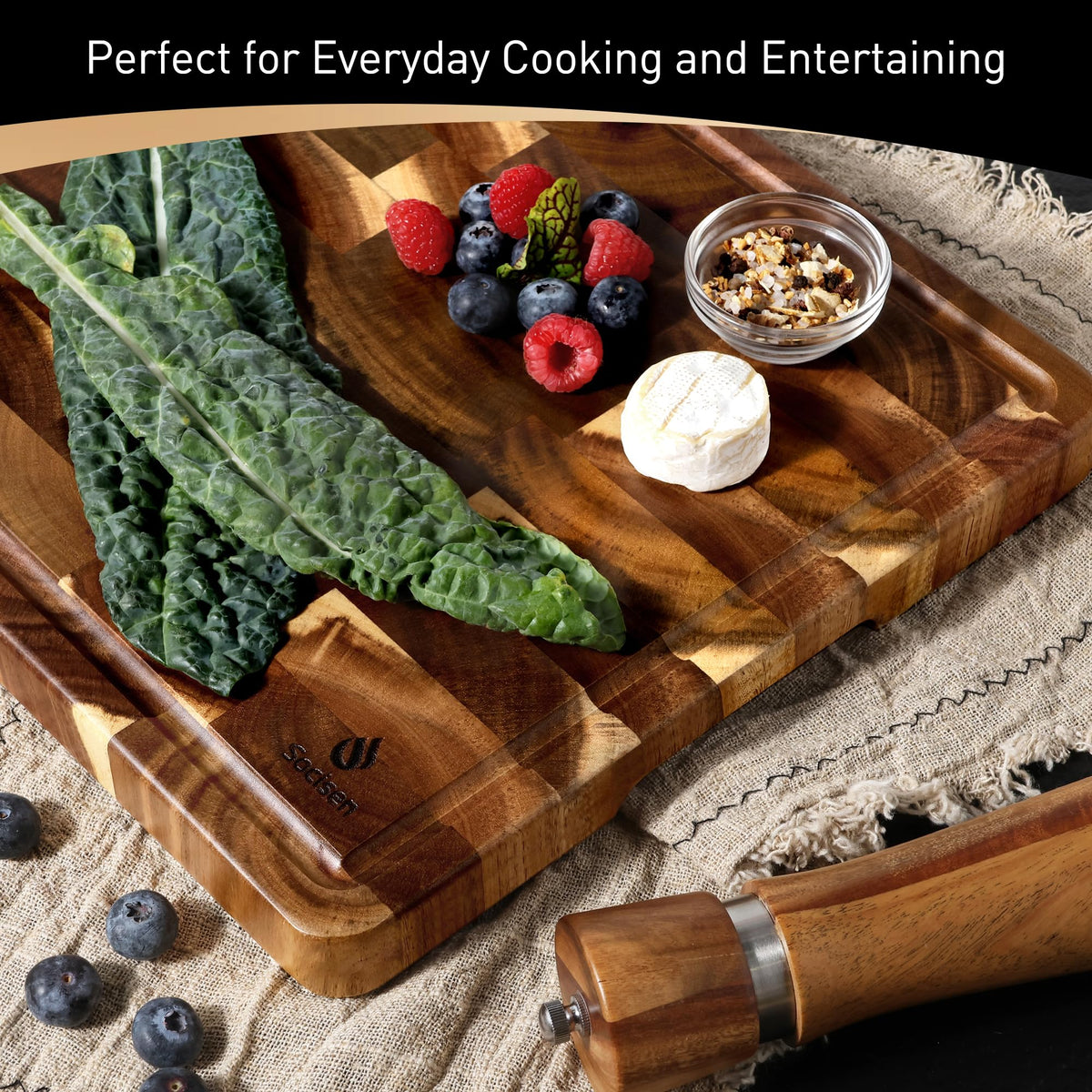 End Grain Cutting Board for Kitchen with Non-slip Feet, Acacia Wood