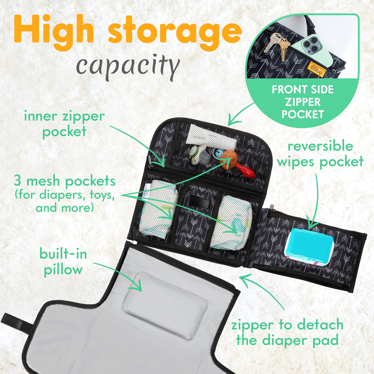 Kopi Baby Portable Diaper Changing Pad, Wipes Pocket, Classic Black Arrows