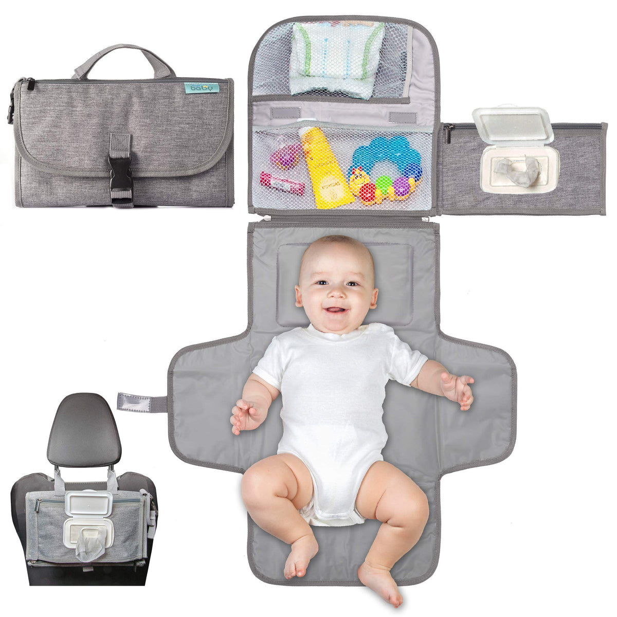 Kopi Baby Portable Diaper Changing Pad, Wipes Pocket, Classic Black Arrows
