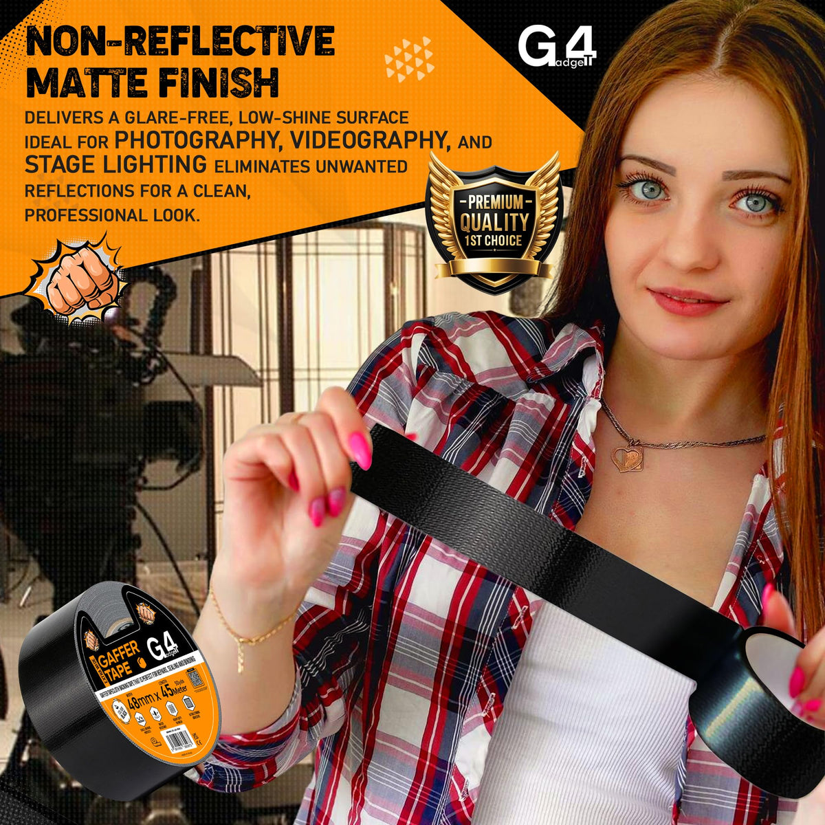 G4GADGET Gaffer Tape Black - 48mm x 45m (1 Roll) - Heavy Duty Duct Tape, Waterproof Adhesive Cloth Tape, Tear-Resistant and Multi-Purpose for Indoor Outdoor Use