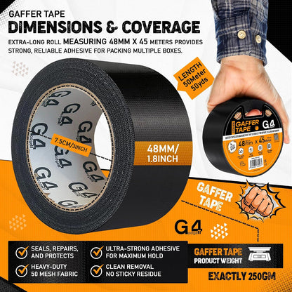 G4GADGET Gaffer Tape Black - 48mm x 45m (1 Roll) - Heavy Duty Duct Tape, Waterproof Adhesive Cloth Tape, Tear-Resistant and Multi-Purpose for Indoor Outdoor Use