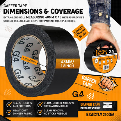 G4GADGET Gaffer Tape Black - 48mm x 45m (1 Roll) - Heavy Duty Duct Tape, Waterproof Adhesive Cloth Tape, Tear-Resistant and Multi-Purpose for Indoor Outdoor Use