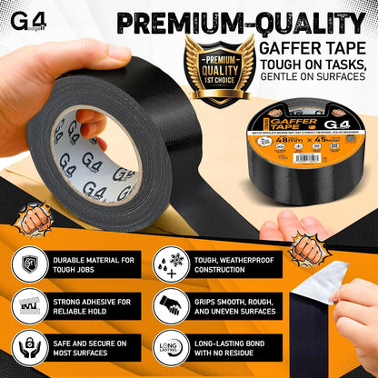 G4GADGET Gaffer Tape Black - 48mm x 45m (1 Roll) - Heavy Duty Duct Tape, Waterproof Adhesive Cloth Tape, Tear-Resistant and Multi-Purpose for Indoor Outdoor Use