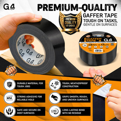 G4GADGET Gaffer Tape Black - 48mm x 45m (1 Roll) - Heavy Duty Duct Tape, Waterproof Adhesive Cloth Tape, Tear-Resistant and Multi-Purpose for Indoor Outdoor Use