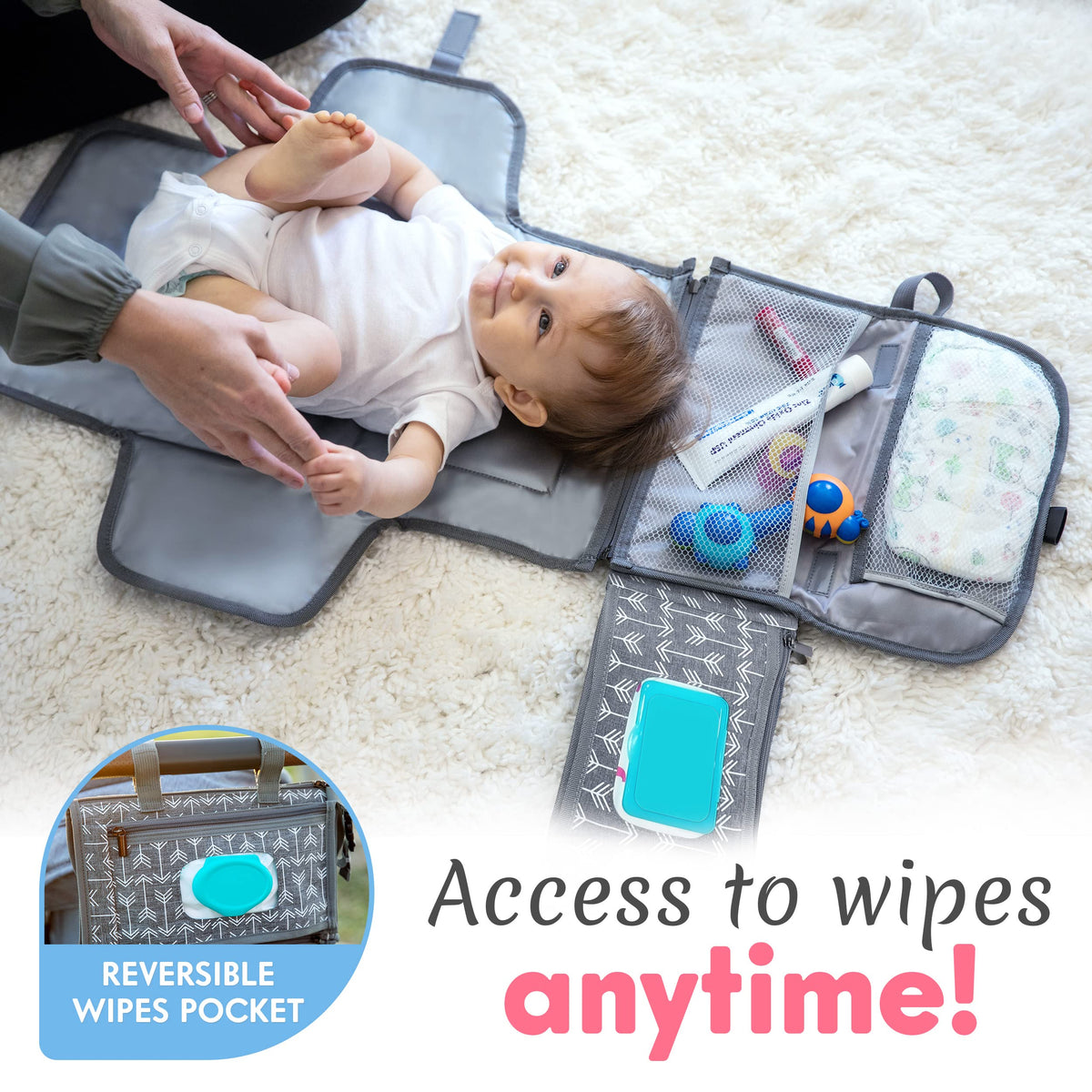 Kopi Baby Portable Diaper Changing Pad, Wipes Pocket, Classic Black Arrows