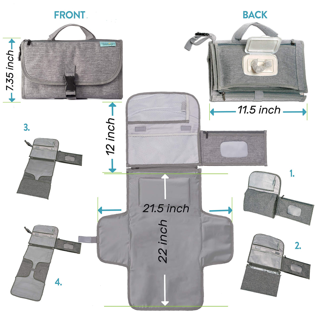 Kopi Baby Portable Diaper Changing Pad, Wipes Pocket, Classic Black Arrows