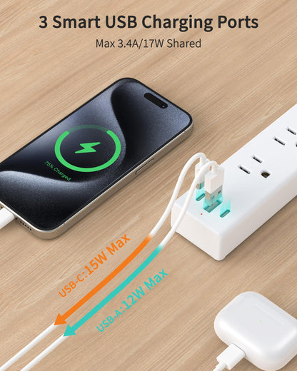5 Outlets 2 Prong Power Strip with 3USB, 6FT Extension Cord for Old House
